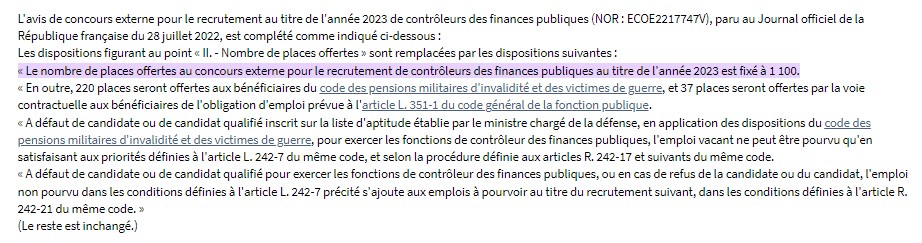 Nombre de places offertes au concours de contrôleur des finances publiques 2023